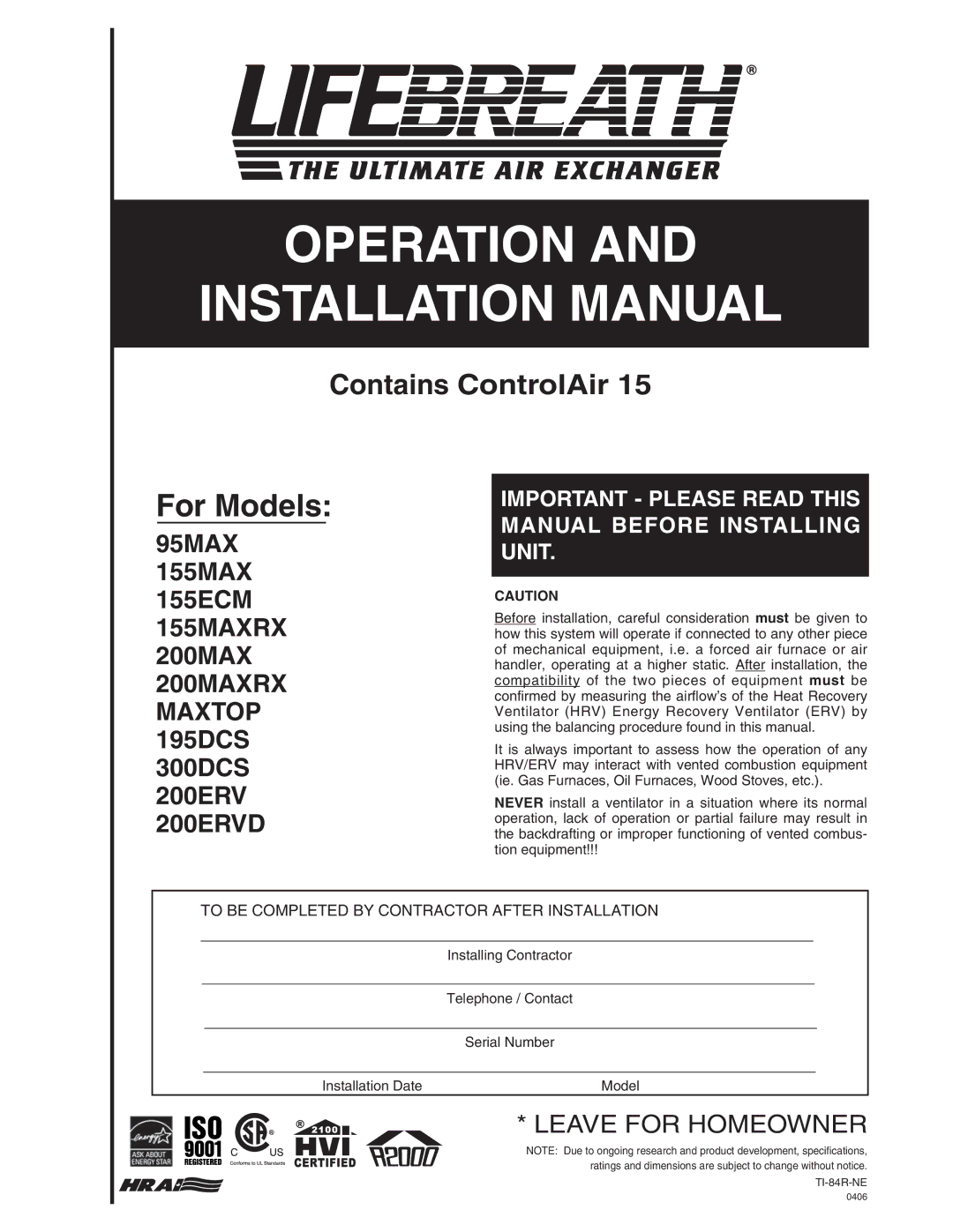 Lifebreath 200MAX RX, 155MAX RX installation manual 155MAX 155ECM 