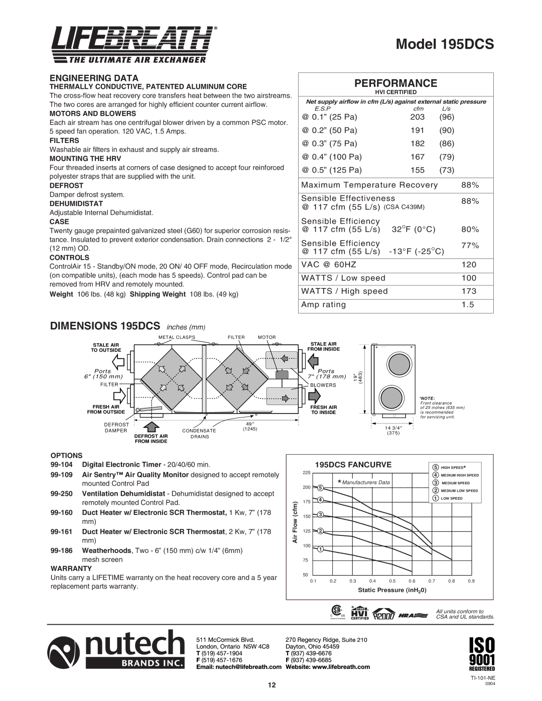 Lifebreath 200MAX RX, 155ECM, 155MAX RX installation manual Model 195DCS, Dimensions 195DCS inches mm 