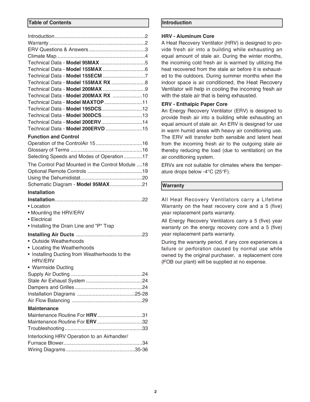 Lifebreath 155MAX RX Table of Contents, Function and Control, Installation, Maintenance, Introduction HRV Aluminum Core 