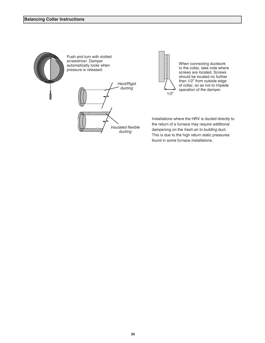 Lifebreath 200MAX RX, 155ECM, 155MAX RX installation manual Balancing Collar Instructions, Hard/Rigid Ducting 