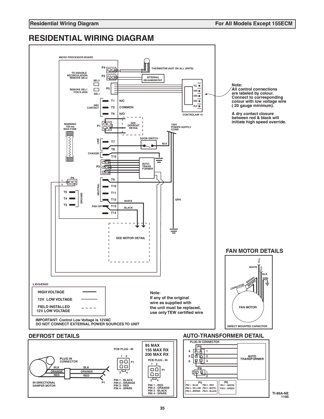 Lifebreath 155MAX RX, 200MAX RX installation manual Residential Wiring Diagram For All Models Except 155ECM 