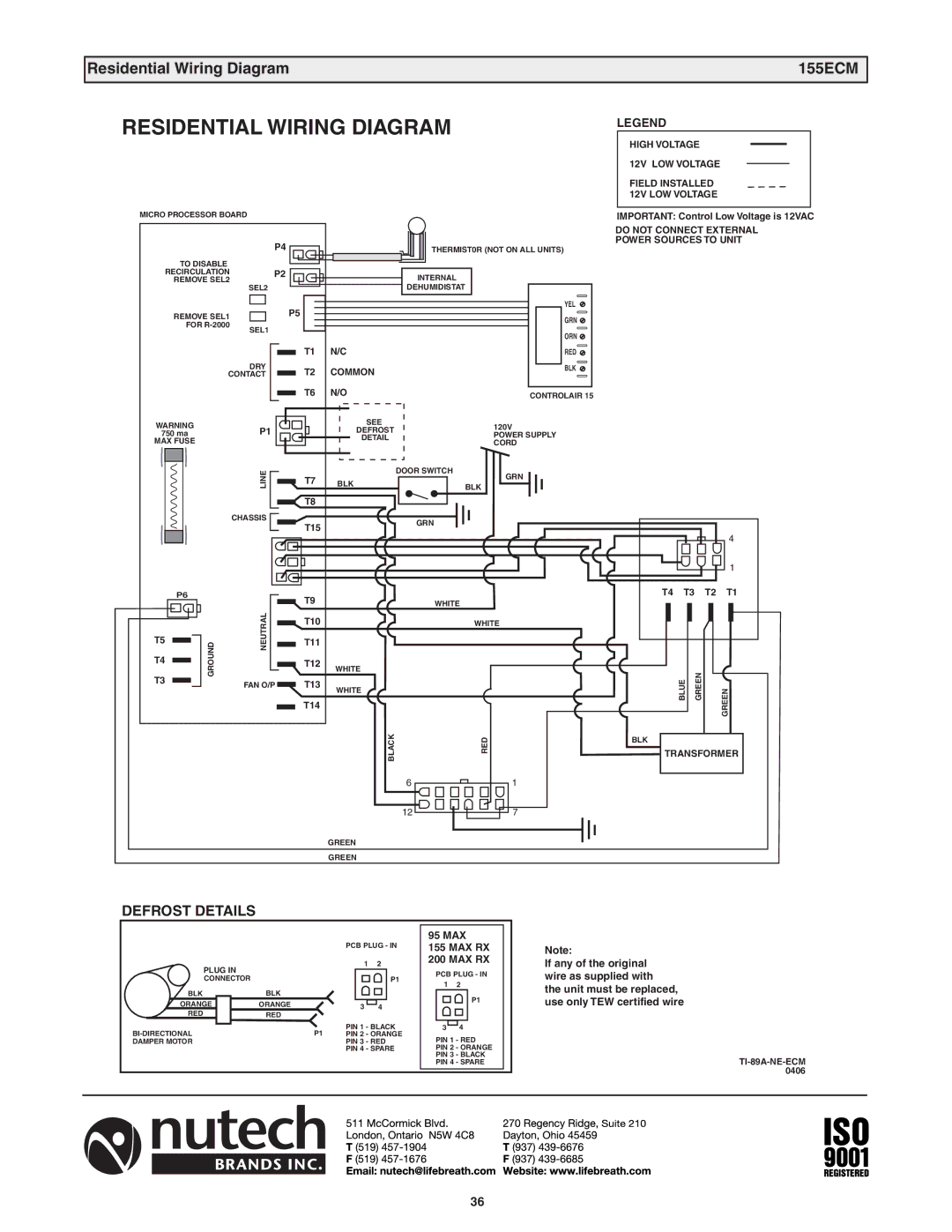 Lifebreath 200MAX RX, 155MAX RX installation manual Residential Wiring Diagram 155ECM 