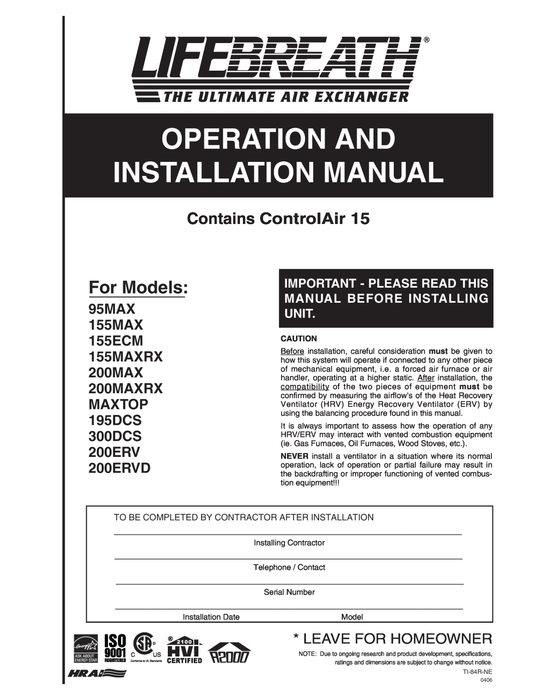 Lifebreath installation manual 95MAX 155MAX 155ECM 155MAXRX 200MAX 200MAXRX, MAXTOP 195DCS 300DCS 200ERV 200ERVD 