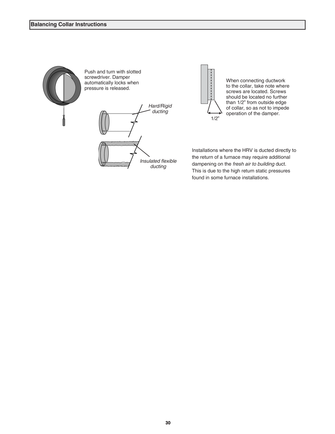 Lifebreath 200MAX RX, 155ECM, 155MAX RX installation manual Balancing Collar Instructions, Hard/Rigid ducting 