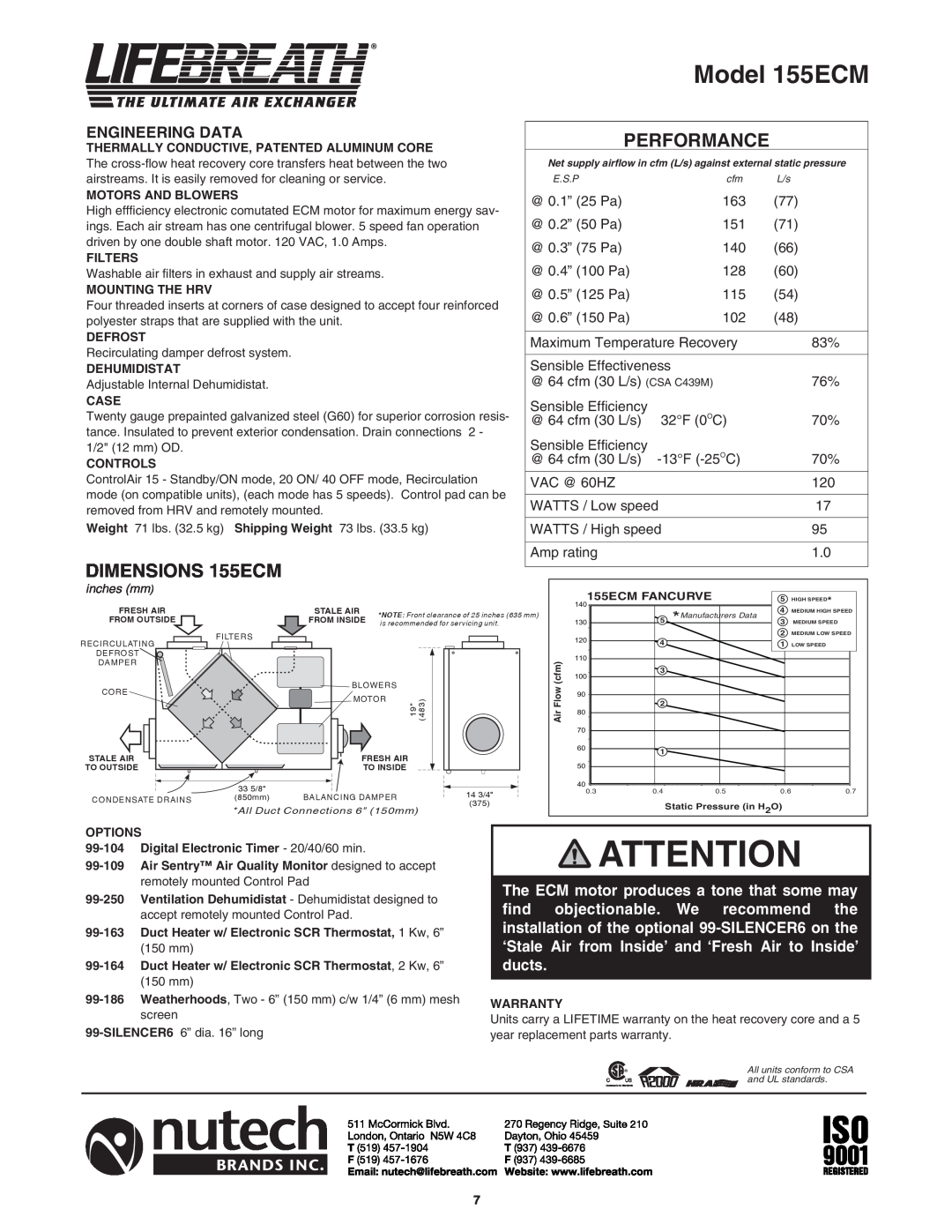Lifebreath 200MAX RX, 155MAX RX installation manual Model 155ECM, DIMENSIONS 155ECM, Performance, Engineering Data 