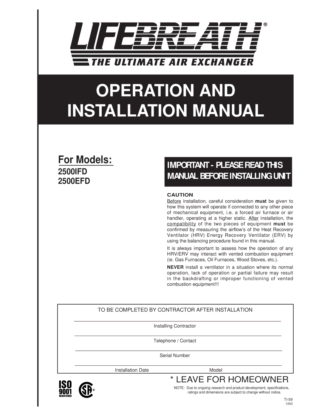 Lifebreath 2500EFD, 2500IFD specifications Operation Installation Manual 