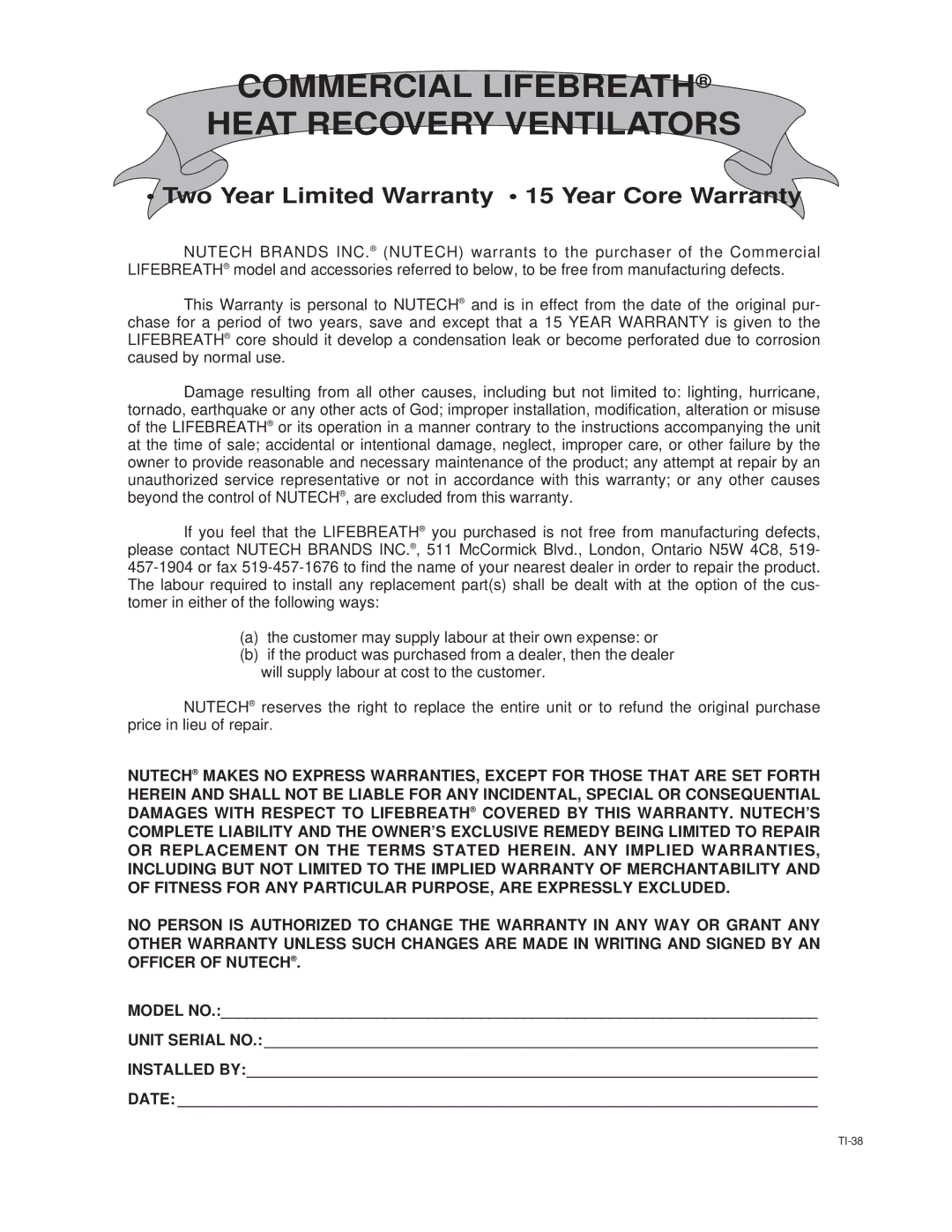 Lifebreath 2500EFD Commercial Lifebreath Heat Recovery Ventilators, Two Year Limited Warranty 15 Year Core Warranty 