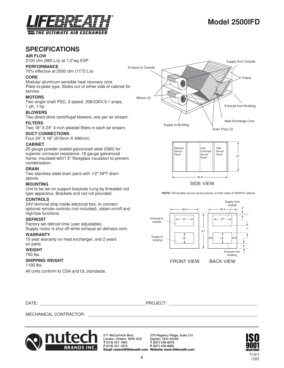 Lifebreath 2500EFD specifications Model 2500IFD 