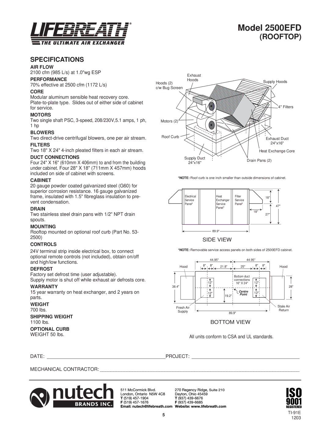 Lifebreath 2500IFD specifications Model 2500EFD, Specifications 