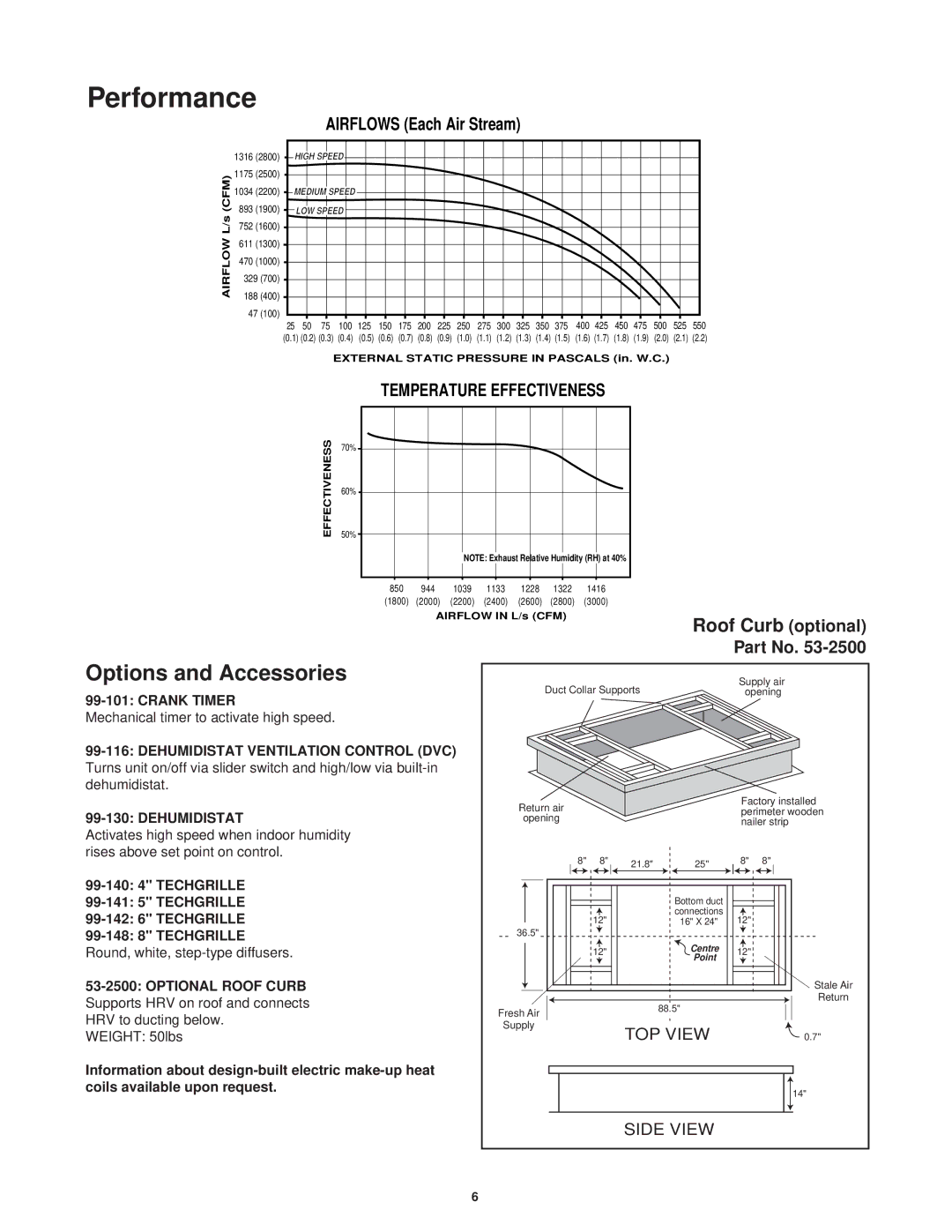 Lifebreath 2500IFD, 2500EFD specifications Performance, Options and Accessories 