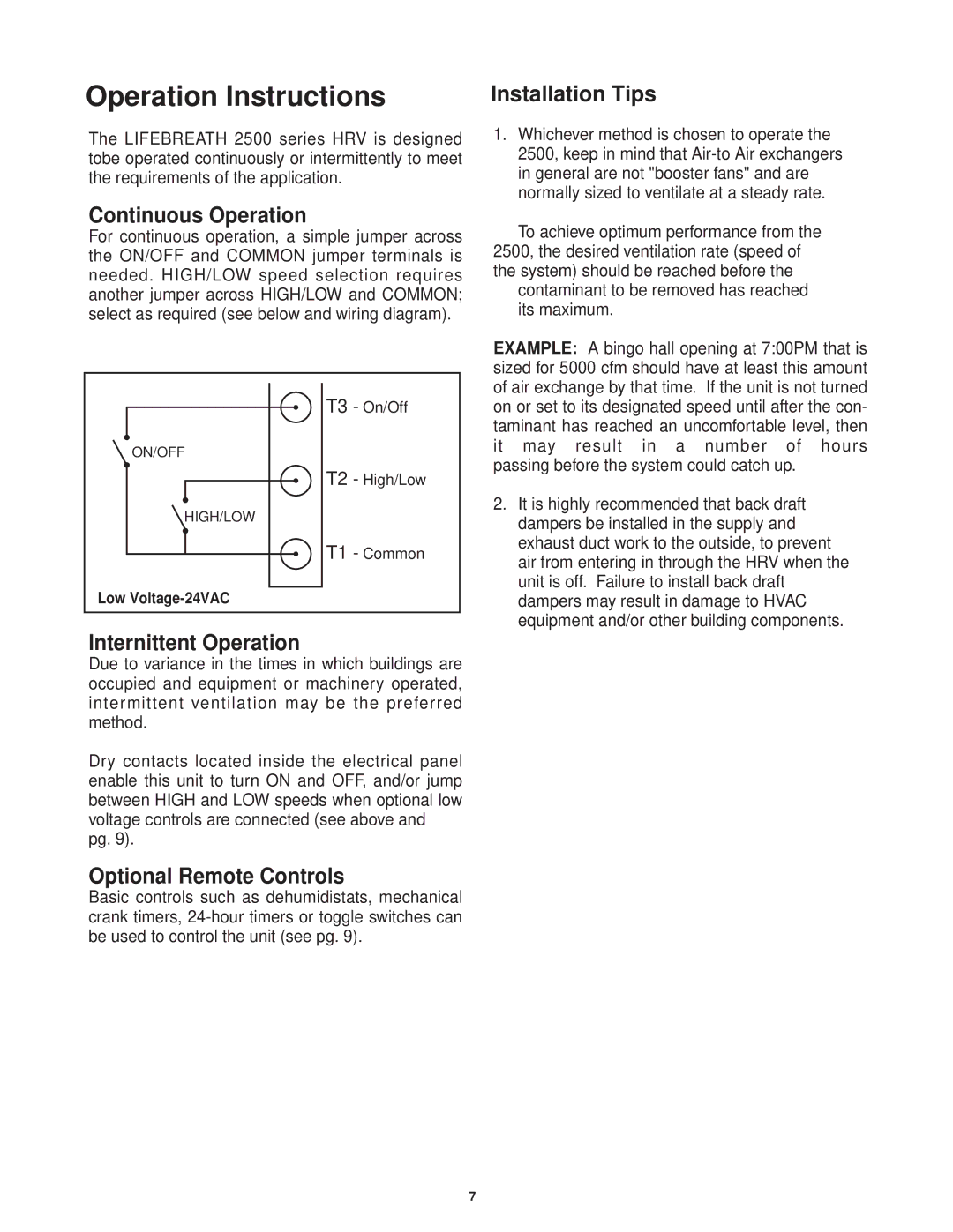 Lifebreath 2500EFD, 2500IFD Operation Instructions, Continuous Operation, Internittent Operation, Optional Remote Controls 