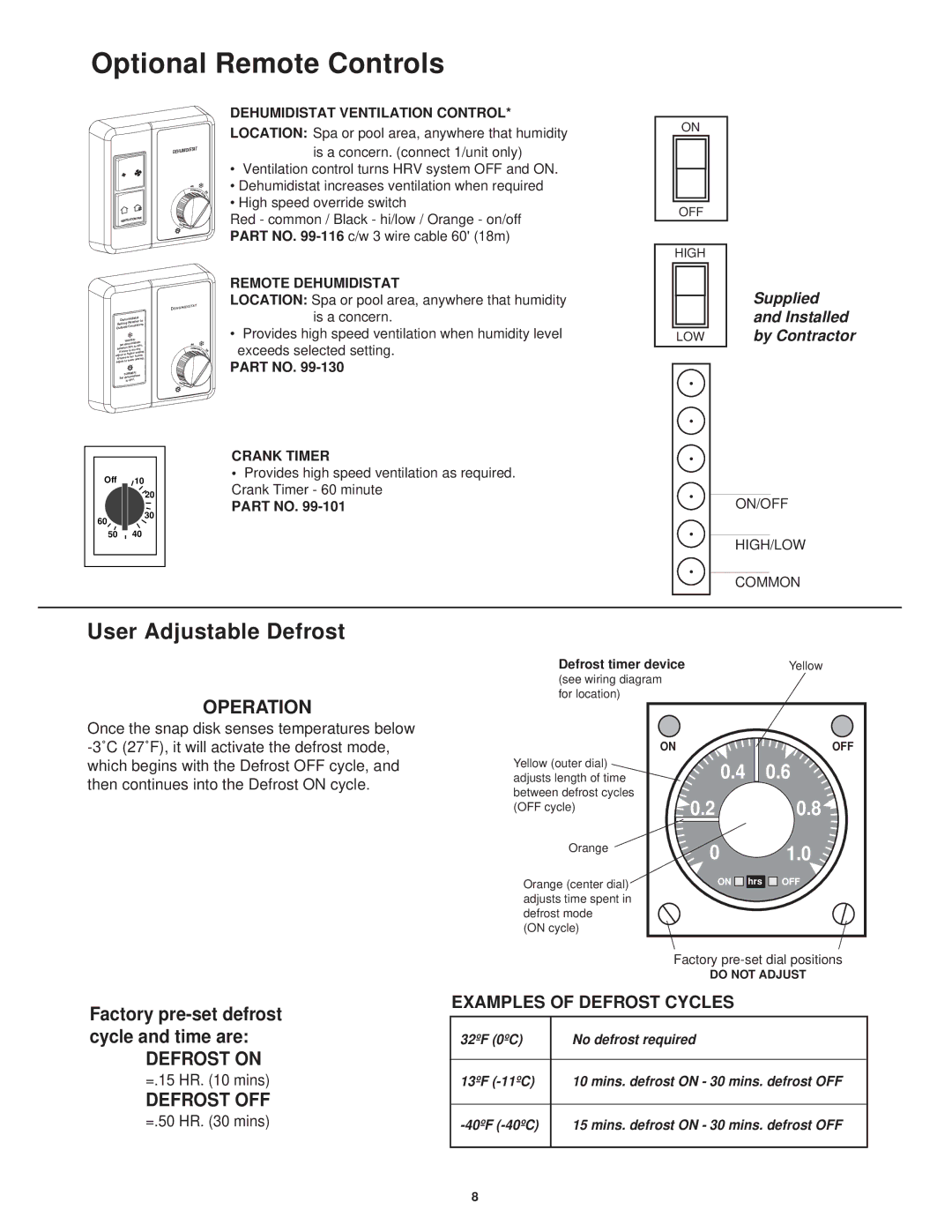 Lifebreath 2500IFD, 2500EFD Optional Remote Controls, User Adjustable Defrost, Operation, Defrost on, Defrost OFF 