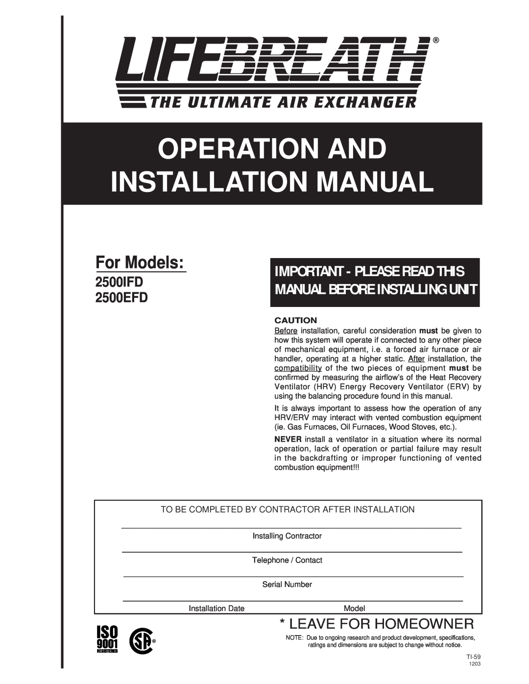 Lifebreath 2500EFD specifications For Models, 2500IFD, Manual Before Installing Unit, Operation And Installation Manual 