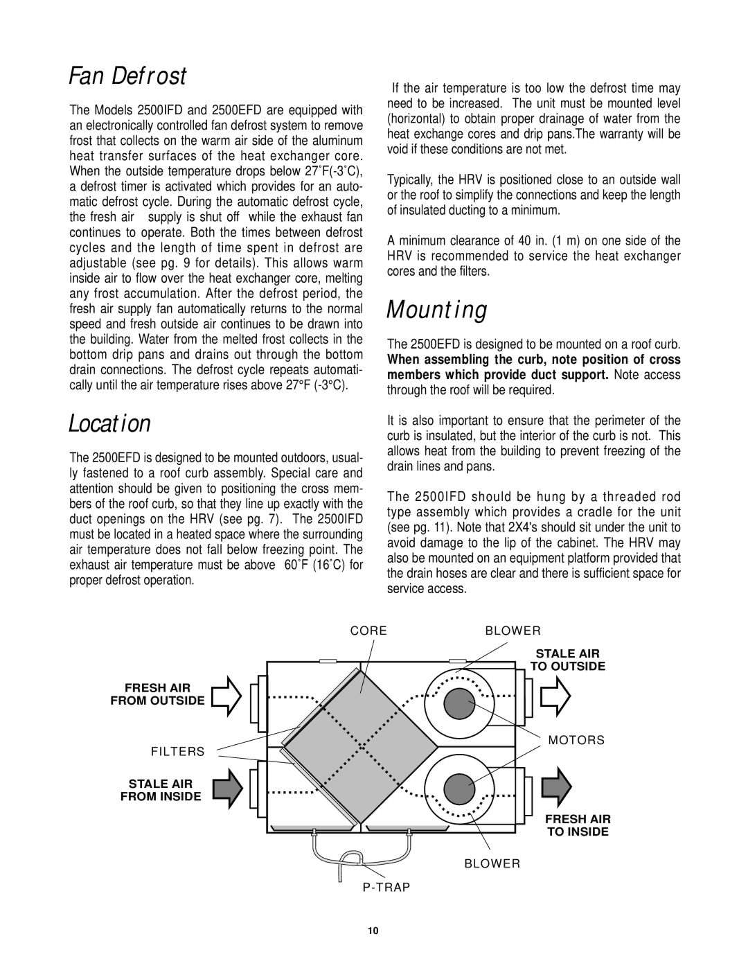 Lifebreath 2500IFD installation manual Fan Defrost, Location, Mounting 