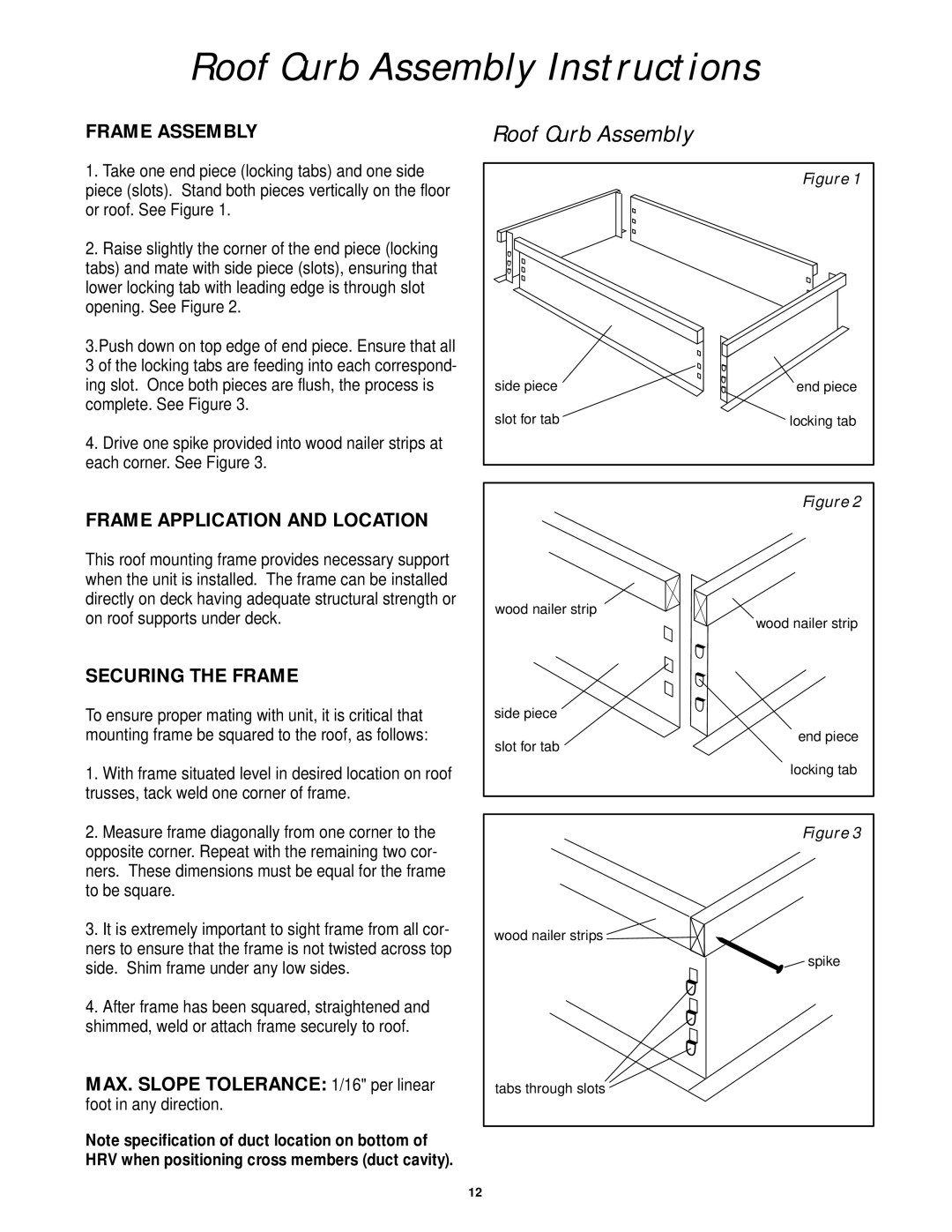 Lifebreath 2500IFD installation manual Roof Curb Assembly Instructions, Frame Assembly 