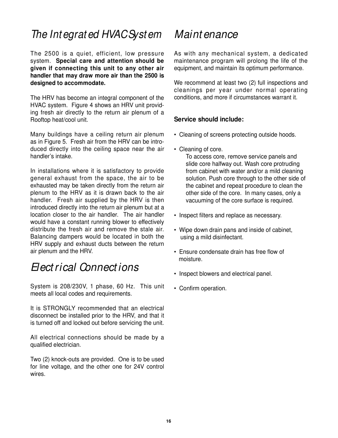 Lifebreath 2500IFD installation manual Electrical Connections, Maintenance 