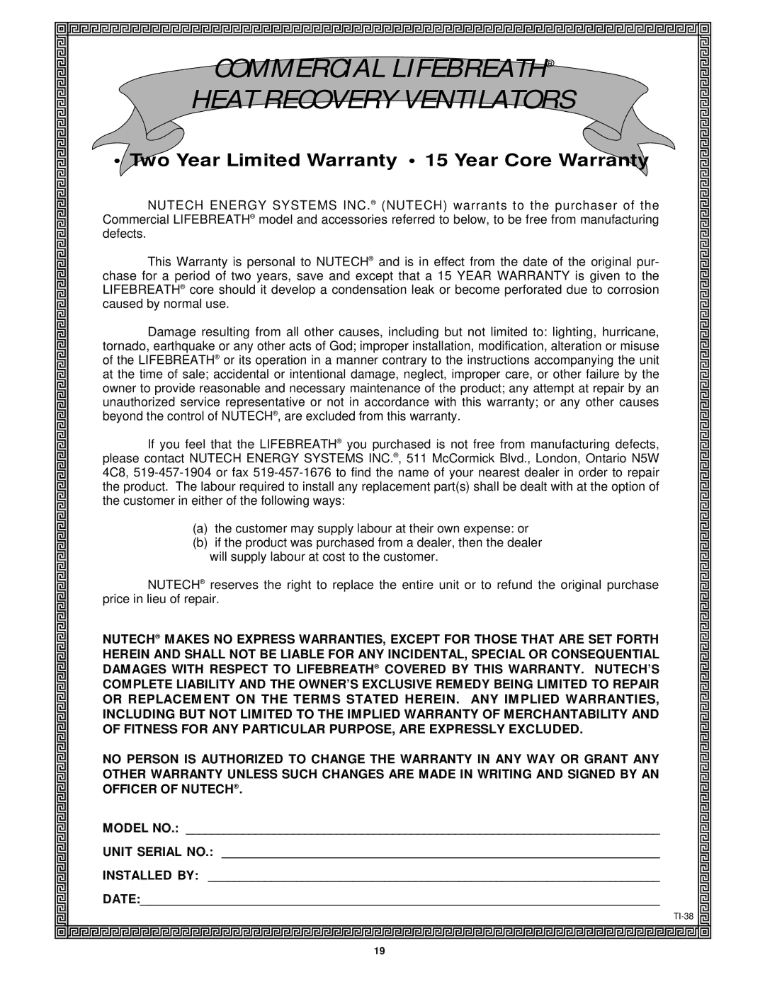 Lifebreath 2500IFD installation manual Commercial Lifebreath Heat Recovery Ventilators 