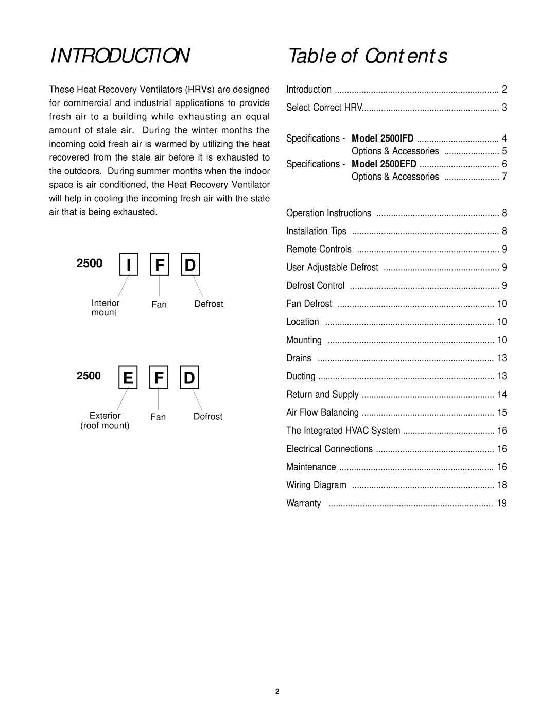 Lifebreath 2500IFD installation manual Introduction, Table of Contents 