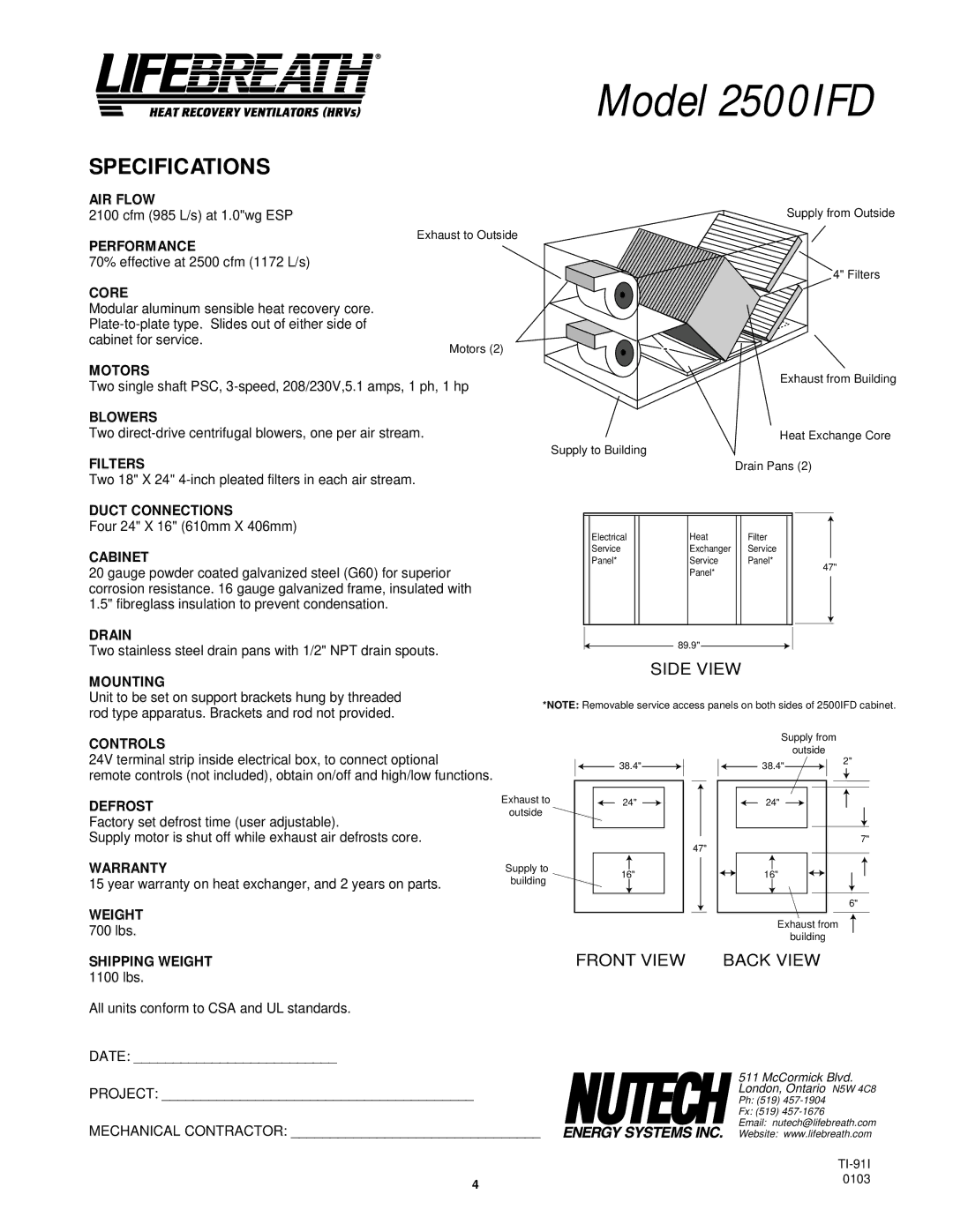 Lifebreath 2500IFD AIR Flow, Performance, Core, Motors, Blowers, Filters, Duct Connections, Cabinet, Drain, Mounting 