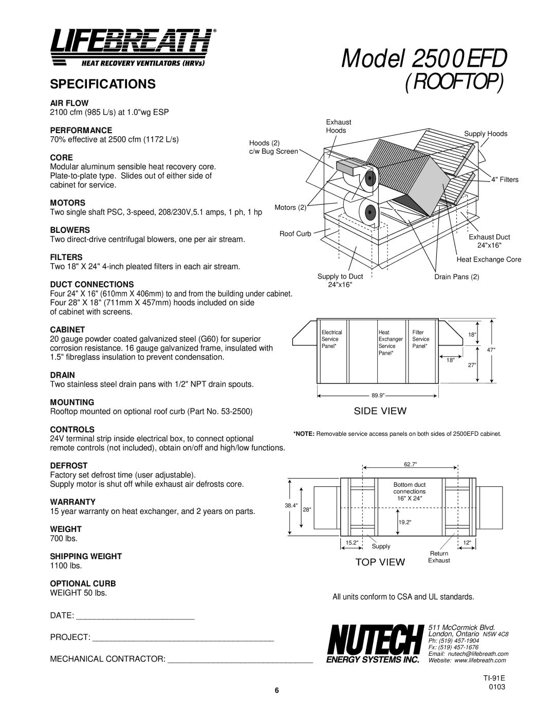 Lifebreath 2500IFD installation manual Model 2500EFD, Optional Curb 