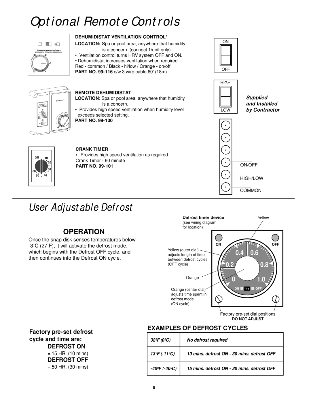 Lifebreath 2500IFD installation manual Optional Remote Controls, User Adjustable Defrost, Dehumidistat Ventilation Control 