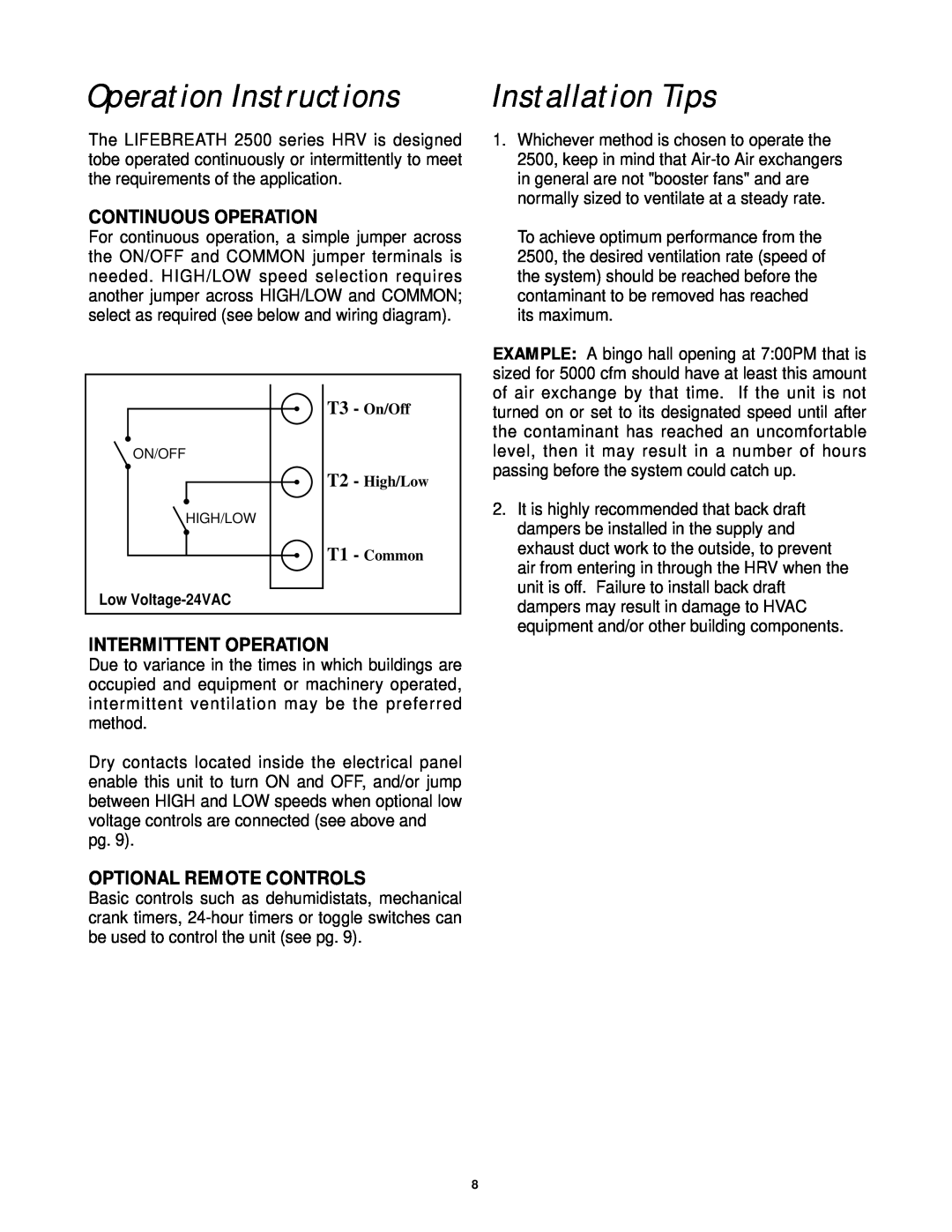 Lifebreath 2500IFD Operation Instructions, Installation Tips, Continuous Operation, Intermittent Operation 