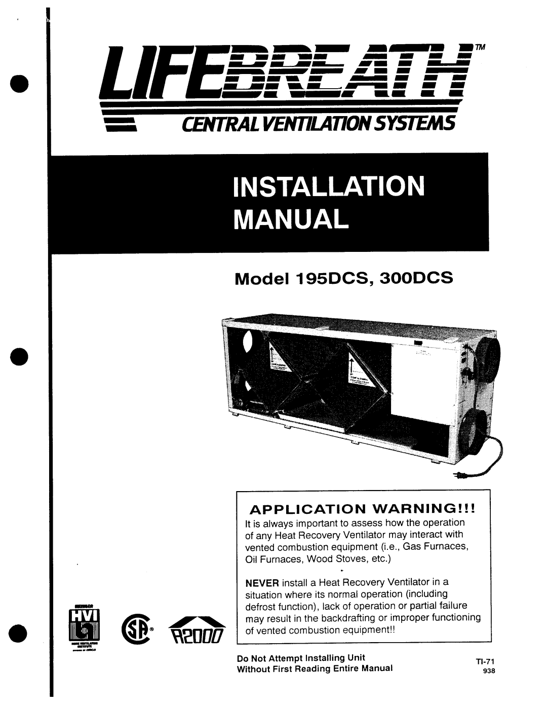 Lifebreath installation manual For Models, Contains, 95MAX 155MAX 200MAX, 200ERV 200ERVD, MAXTOP 195DCS 300DCS 