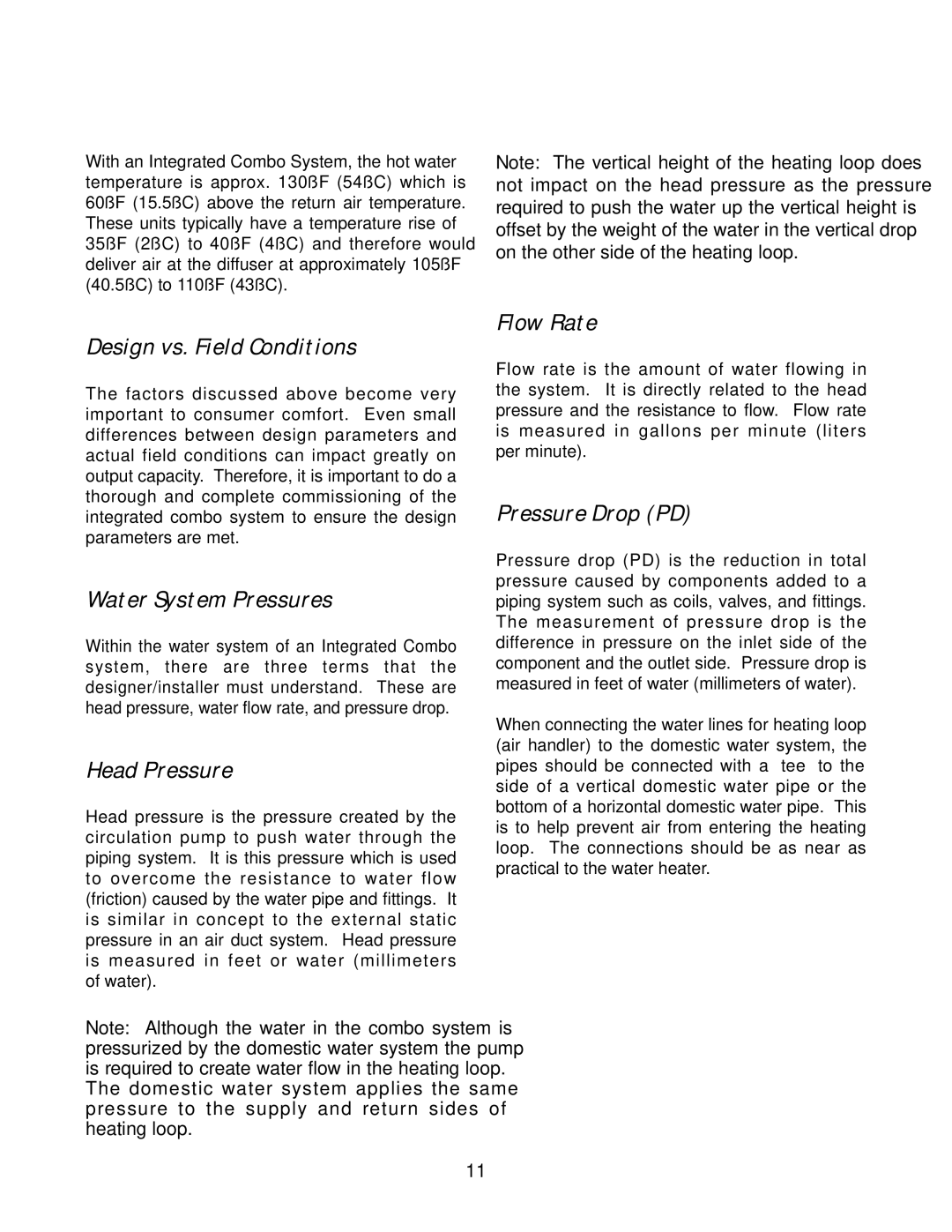 Lifebreath 60VENTAC Design vs. Field Conditions, Water System Pressures, Head Pressure, Flow Rate, Pressure Drop PD 