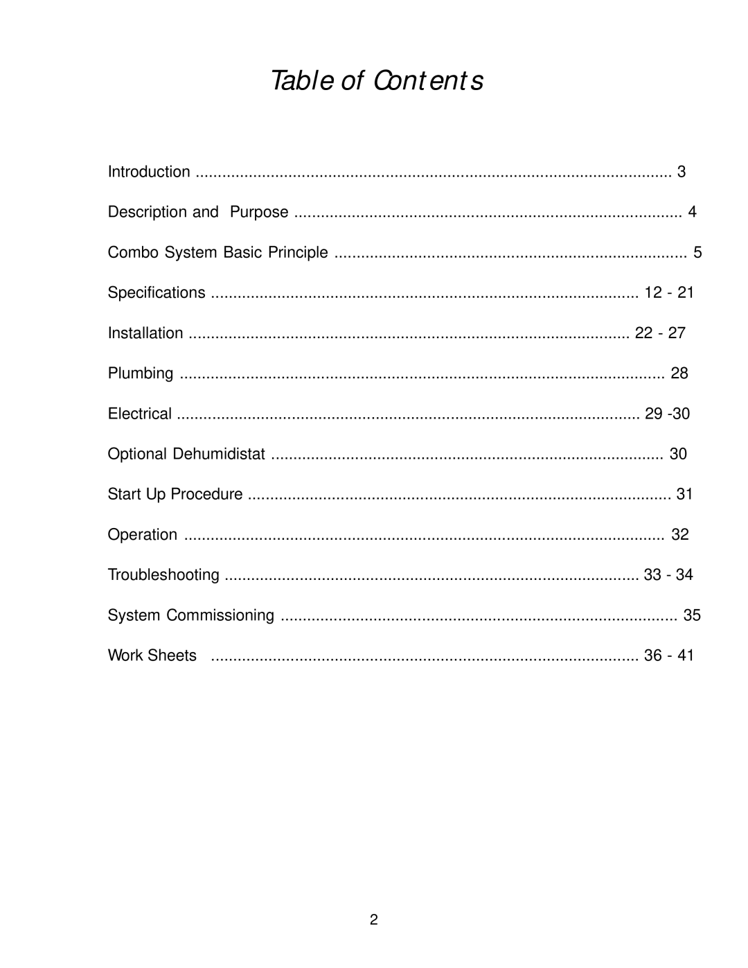 Lifebreath 60DHWDF(T), 60DHW(T), 60VENTAC, 60DHWH(T), 40VENTAC, 4TONVENTAC, 40DHWH(T), 40DHW(T), 40DHWDF(T) Table of Contents 