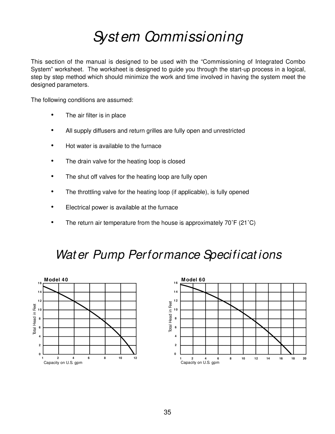 Lifebreath 4TONVENTAC, 60DHW(T), 60VENTAC, 60DHWDF(T), 60DHWH(T) System Commissioning, Water Pump Performance Specifications 