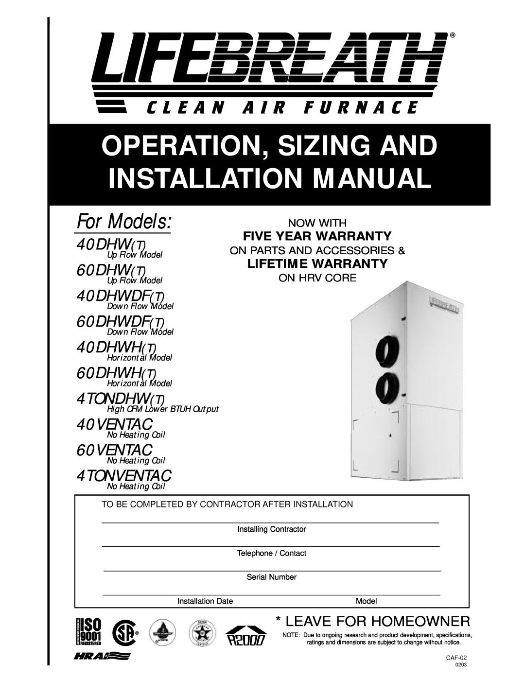 Lifebreath 60VENTAC installation manual For Models, Operation, Sizing And Installation Manual, 40DHWT, 60DHWT, 40DHWDFT 