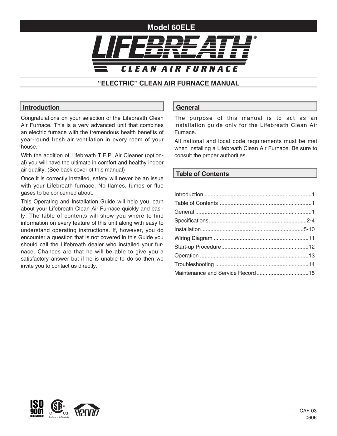 Lifebreath 60ELE operating instructions Introduction General, Table of Contents 