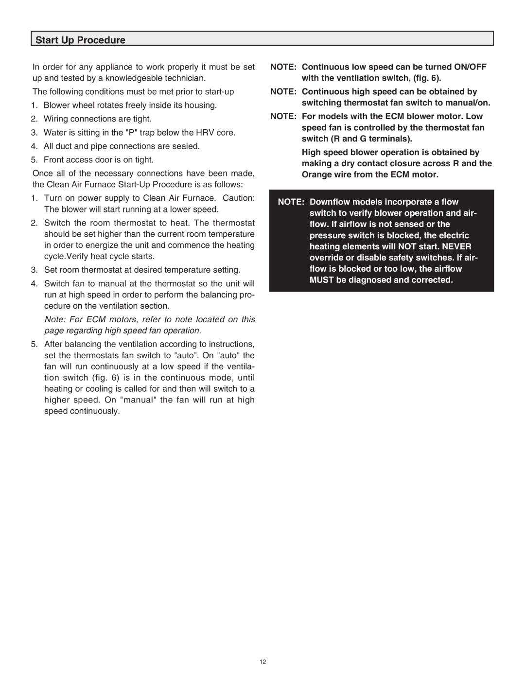 Lifebreath 60ELE operating instructions Start Up Procedure 