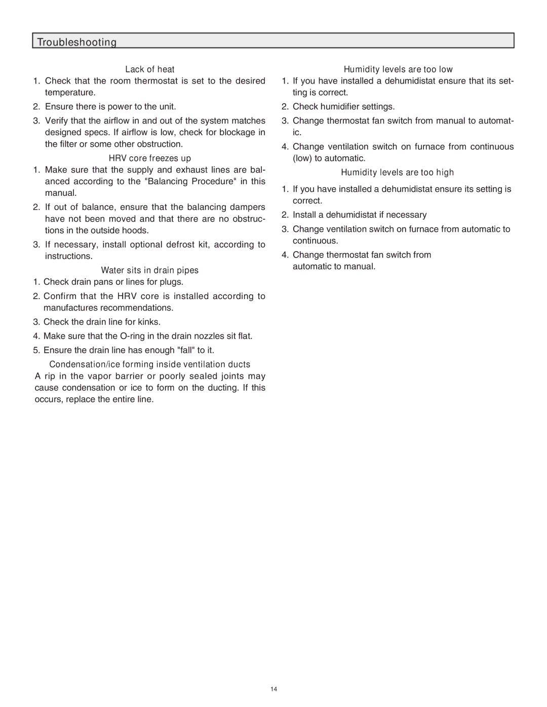 Lifebreath 60ELE operating instructions Troubleshooting 