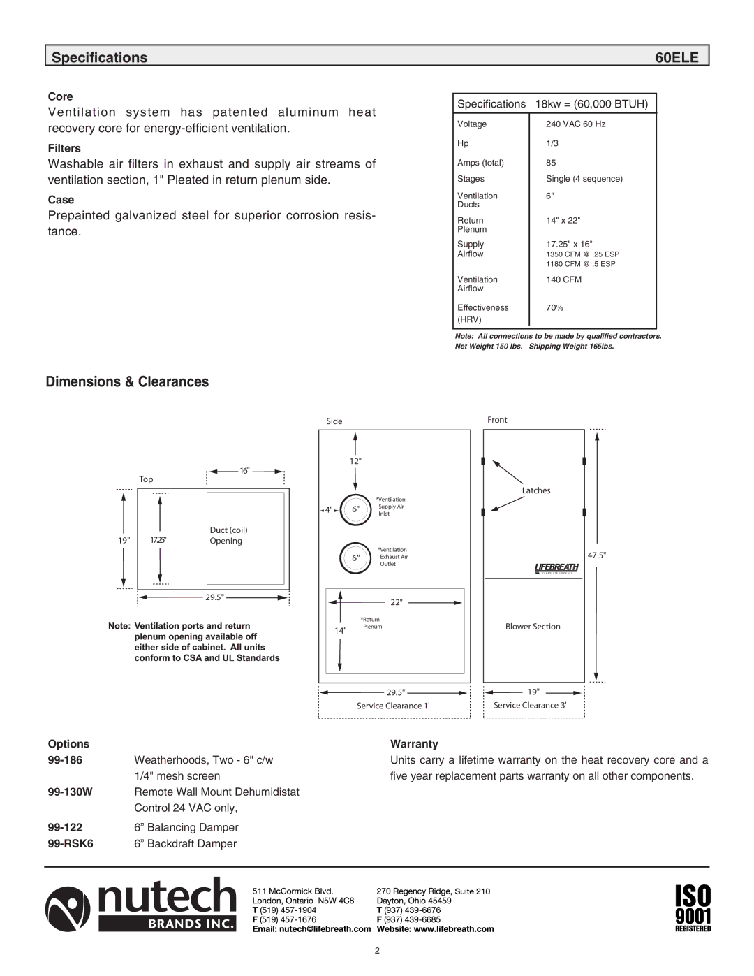 Lifebreath 60ELE operating instructions Dimensions & Clearances, Specifications 