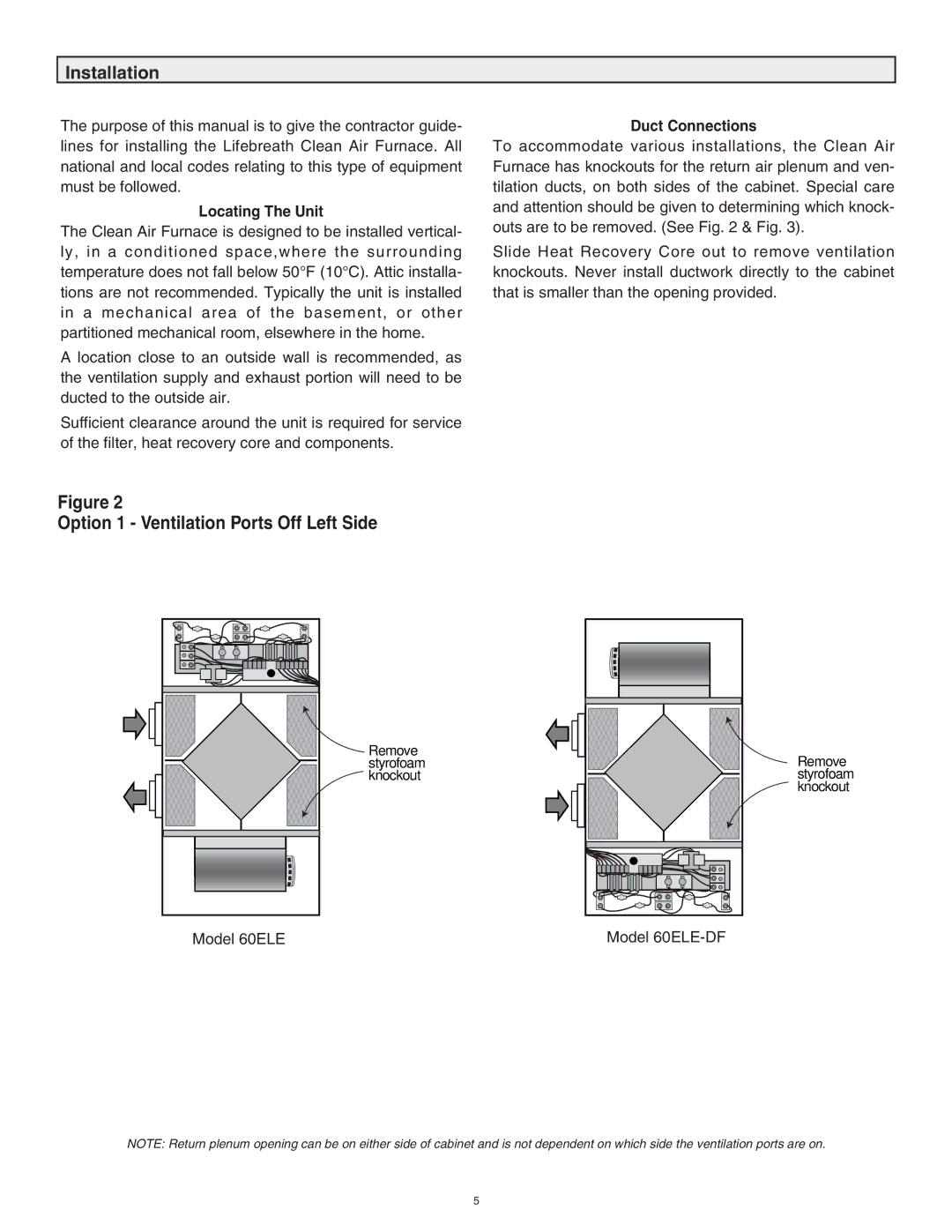 Lifebreath 60ELE Option 1 Ventilation Ports Off Left Side, Installation, Locating The Unit, Duct Connections 