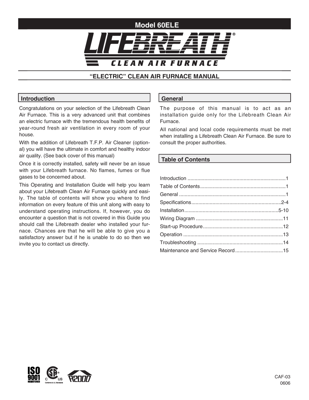 Lifebreath 60ELE operating instructions “Electric” Clean Air Furnace Manual, Introduction, General, Table of Contents 