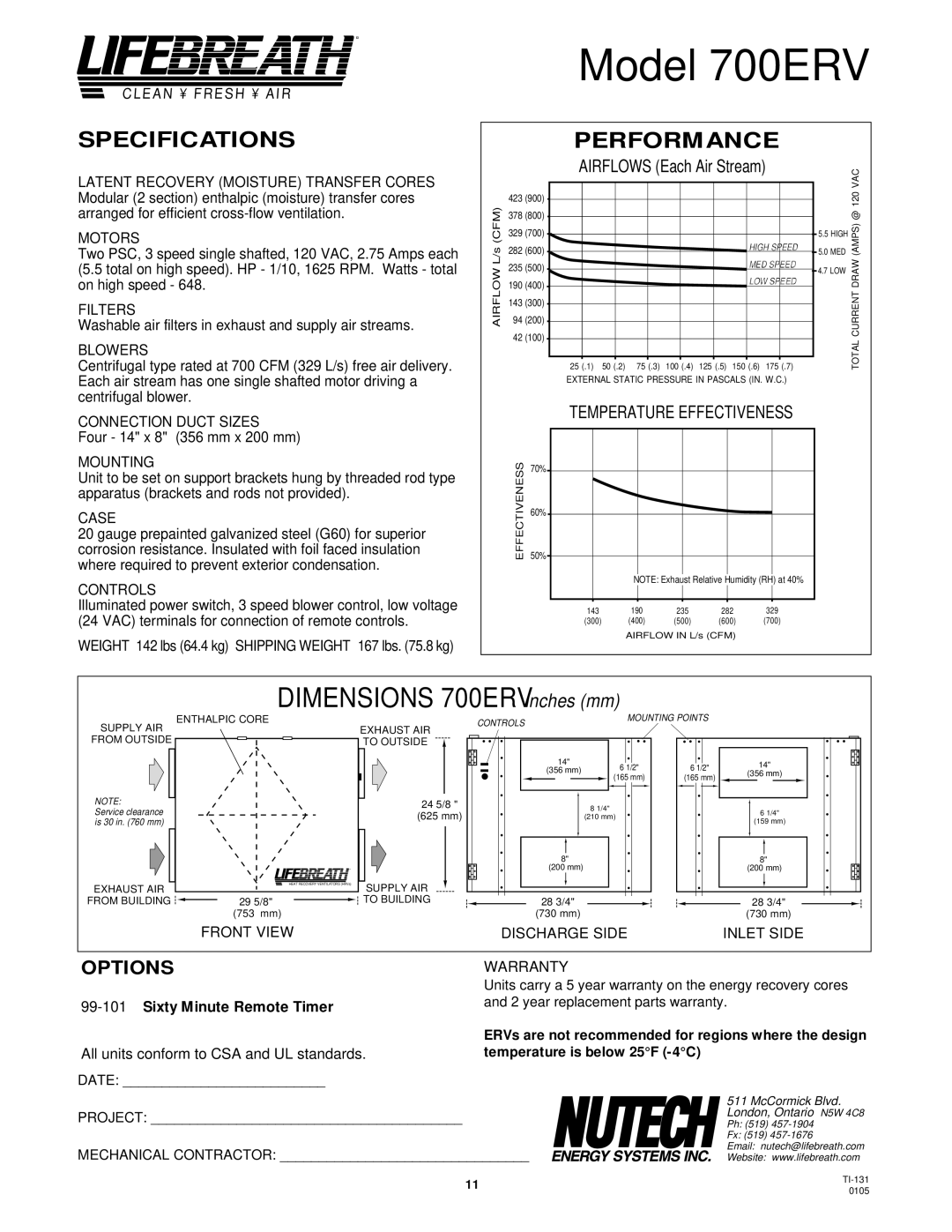 Lifebreath 700FD/DD, 850FD/DD, 500ERV, 1200ERV, 1200FD/DD, 500DCS specifications Model 700ERV, High Speed MED Speed LOW Speed 