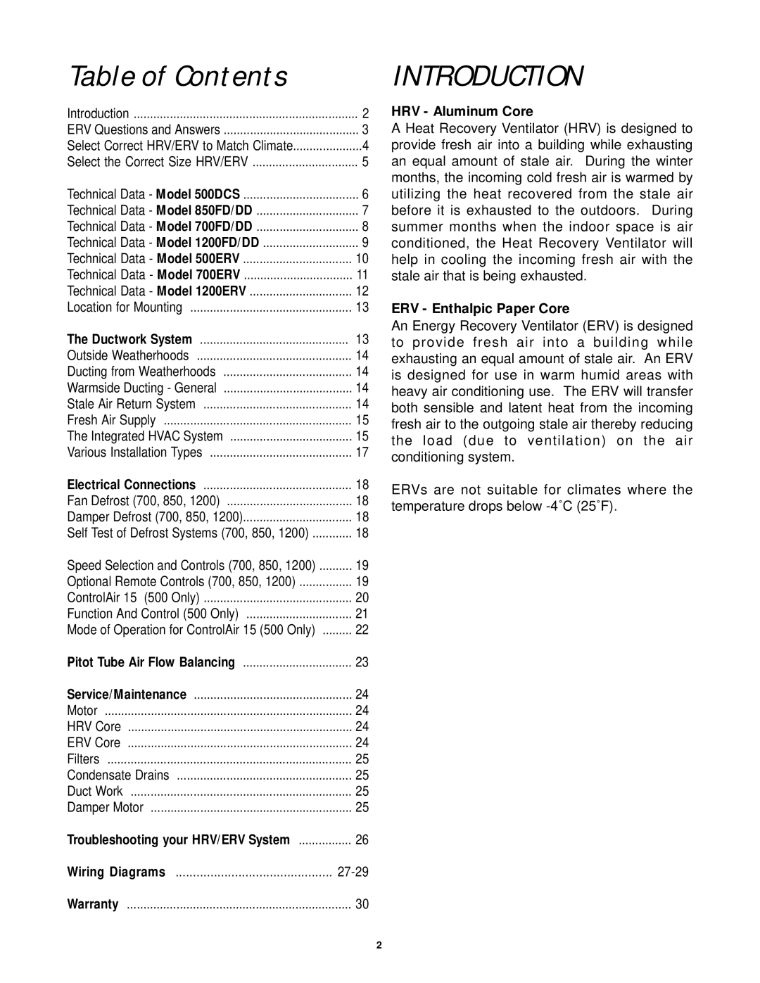 Lifebreath 1200ERV, 850FD/DD, 500ERV, 1200FD/DD, 700FD/DD, 700ERV, 500DCS specifications Introduction 