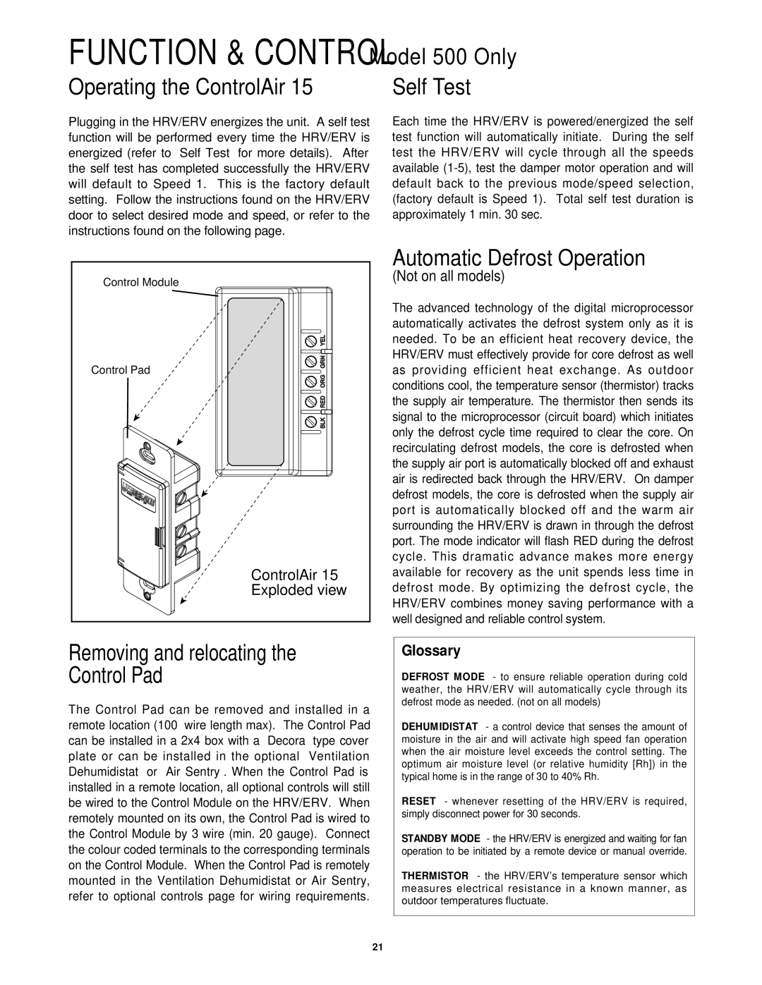 Lifebreath 850FD/DD, 500ERV, 1200ERV, 1200FD/DD, 700FD/DD, 700ERV Function & Control Model 500 Only, Operating the ControlAir 