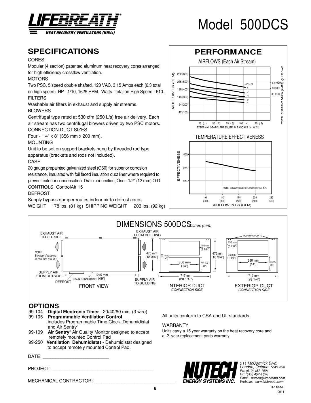 Lifebreath 850FD/DD, 500ERV, 1200ERV, 1200FD/DD, 700FD/DD, 700ERV specifications Model 500DCS, Specifications 