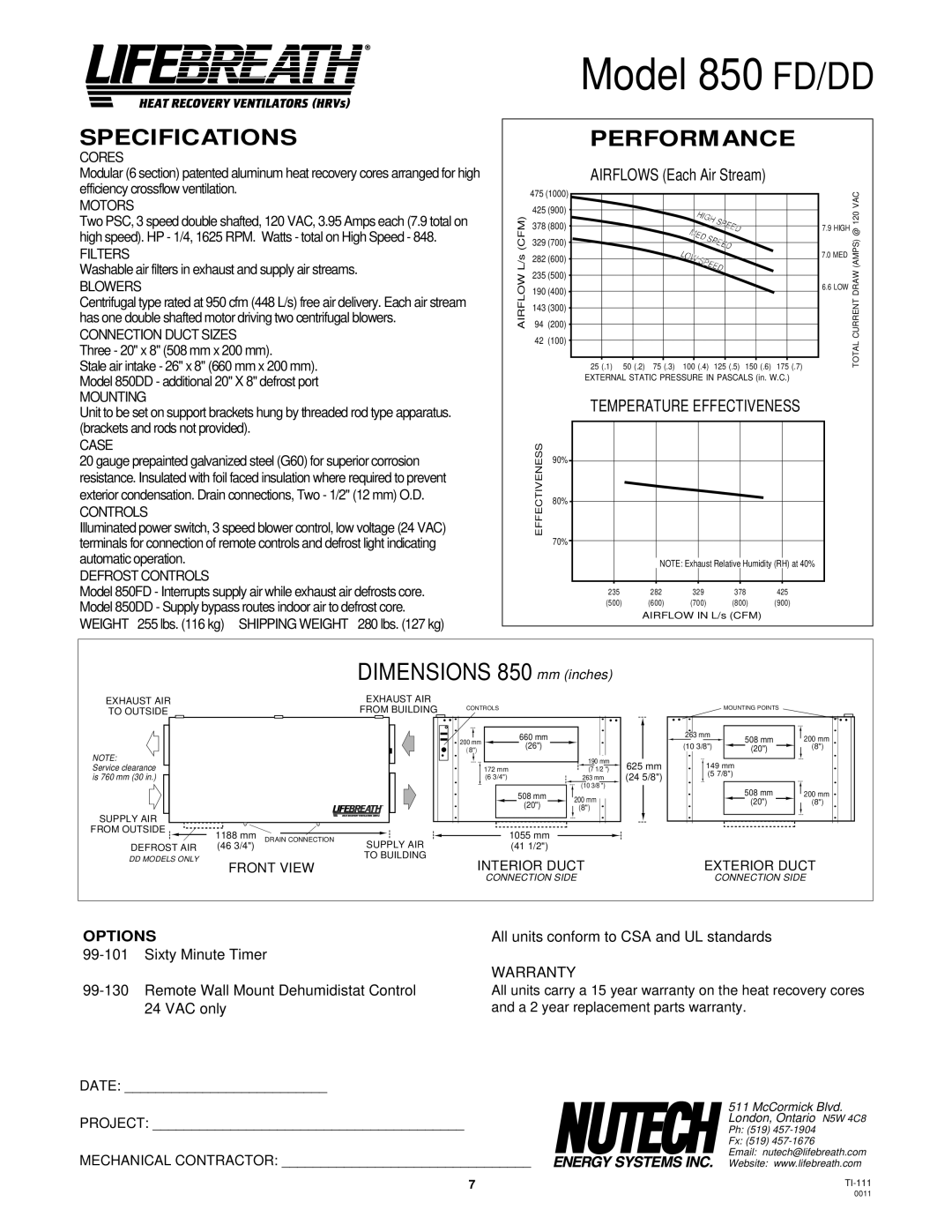 Lifebreath 500ERV, 1200ERV, 1200FD/DD, 700FD/DD, 700ERV, 500DCS specifications Model 850FD/DD, Airflows Each Air Stream 