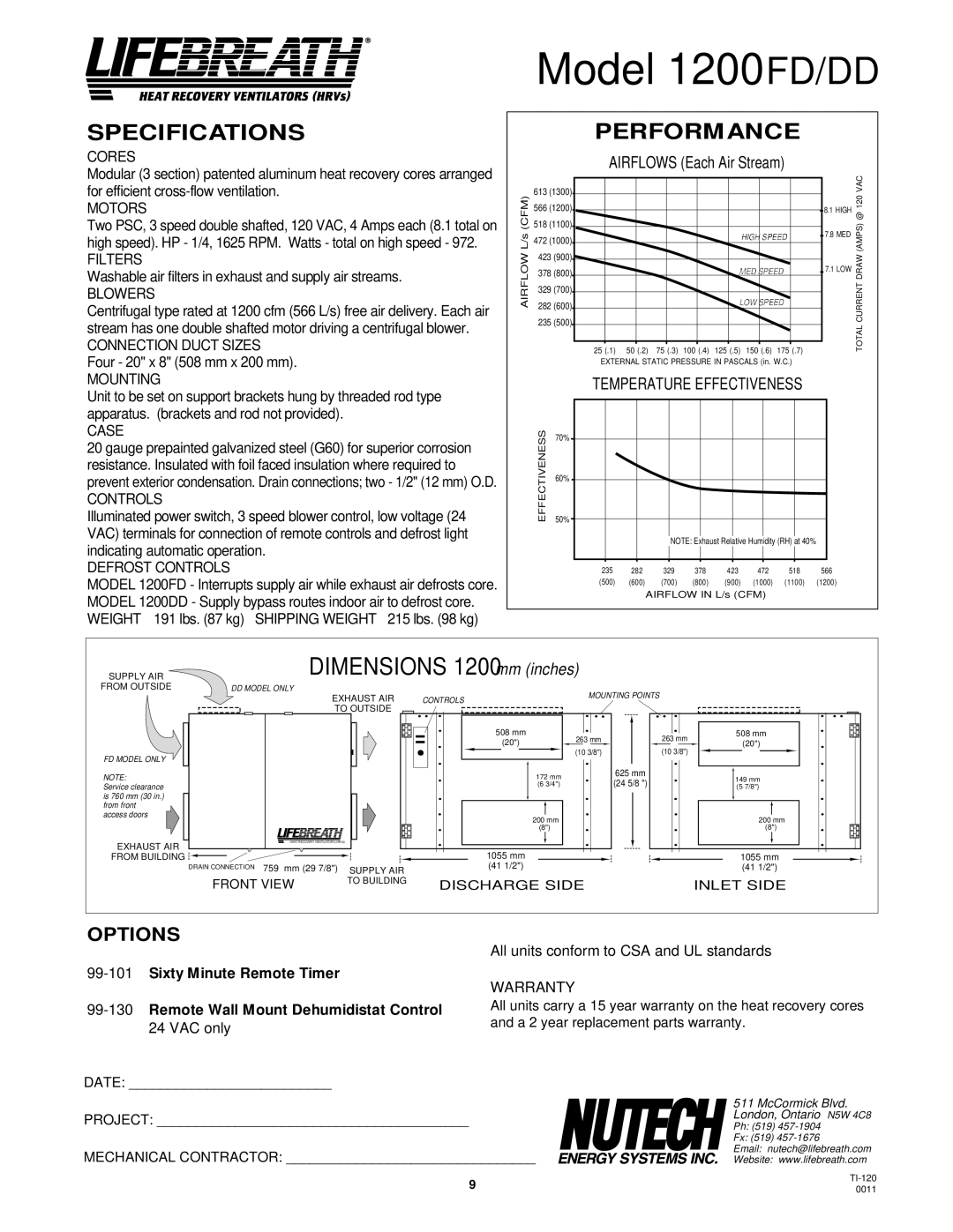 Lifebreath 1200ERV, 850FD/DD, 500ERV, 700FD/DD, 700ERV, 500DCS specifications Model 1200FD/DD, Dimensions 