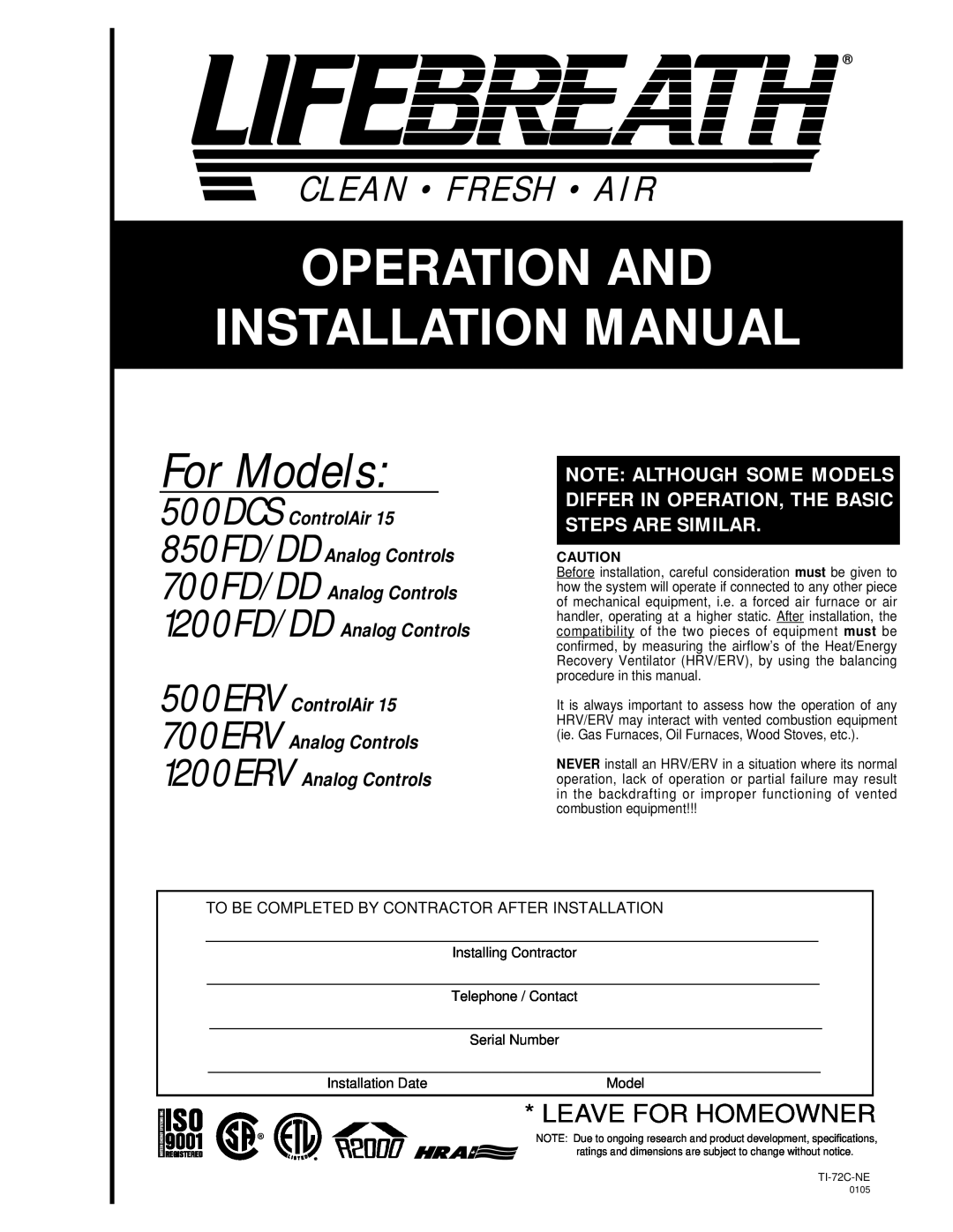 Lifebreath 500ERV specifications For Models, Clean • Fresh • Air, Operation And Installation Manual, Leave For Homeowner 