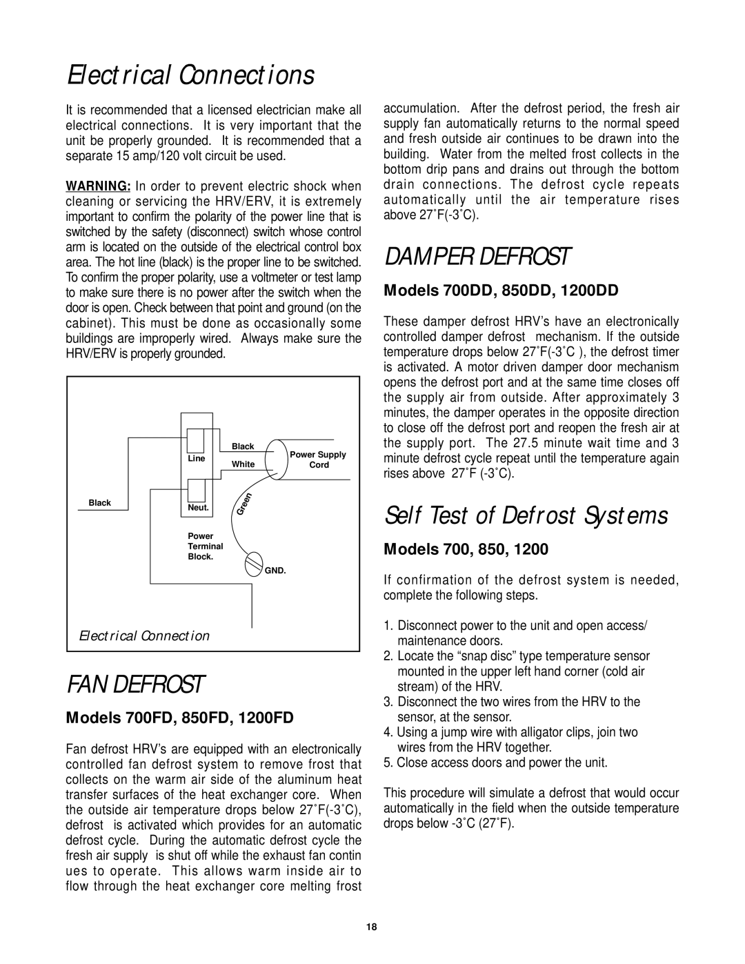 Lifebreath 700FD/DD Electrical Connections, Fan Defrost, Damper Defrost, Self Test of Defrost Systems, Models 700, 850 