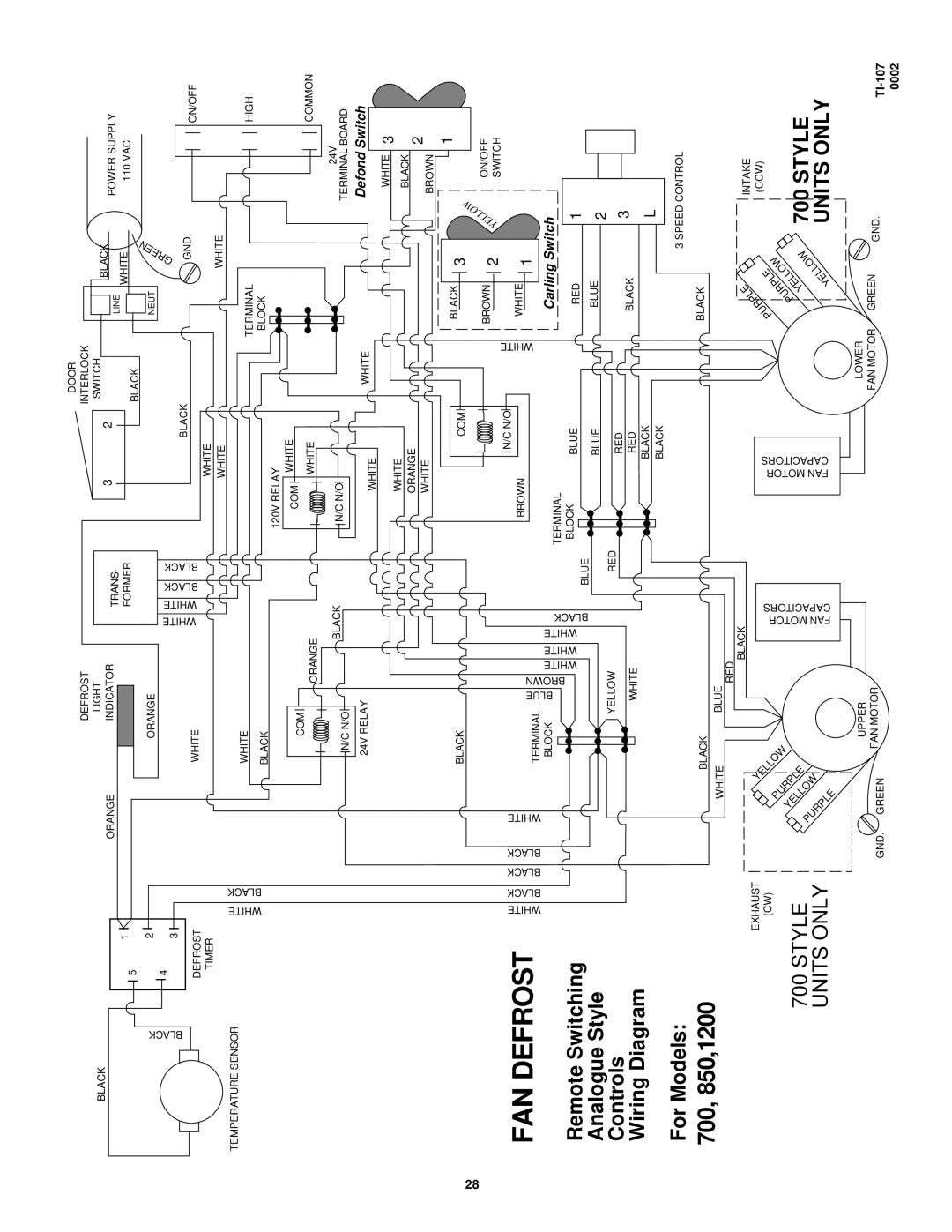Lifebreath 850FD/DD 700, 850,1200, Remote Switching Analogue Style Controls, Wiring Diagram For Models, Fan Defrost, 0002 