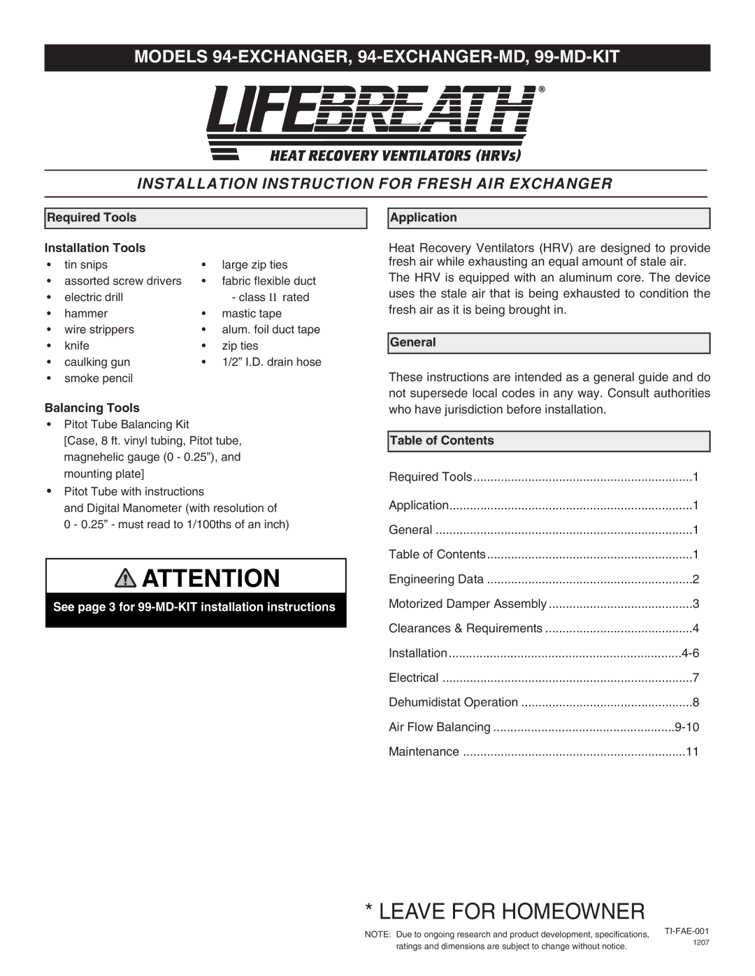 Lifebreath 99-MD-KIT, 94-EXCHANGER specifications Required Tools Installation Tools, Balancing Tools, Application, General 