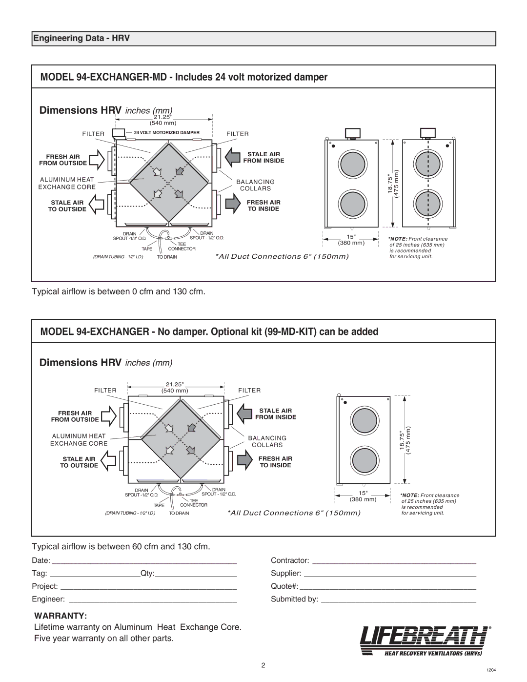 Lifebreath 94-EXCHANGER-MD, 99-MD-KIT specifications Engineering Data HRV, Warranty 