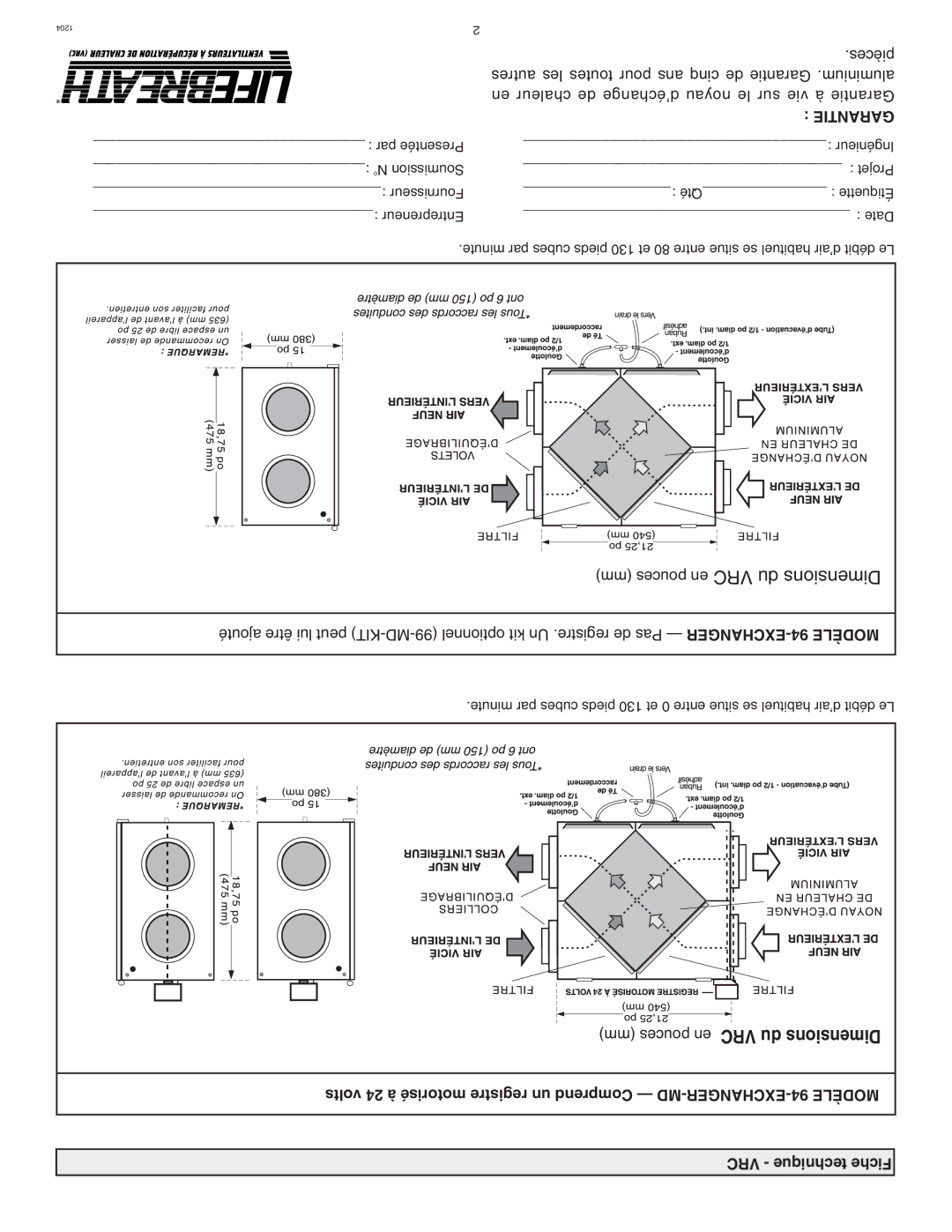 Lifebreath 94-EXCHANGER-MD, 99-MD-KIT specifications Garantie, VRC technique Fiche 