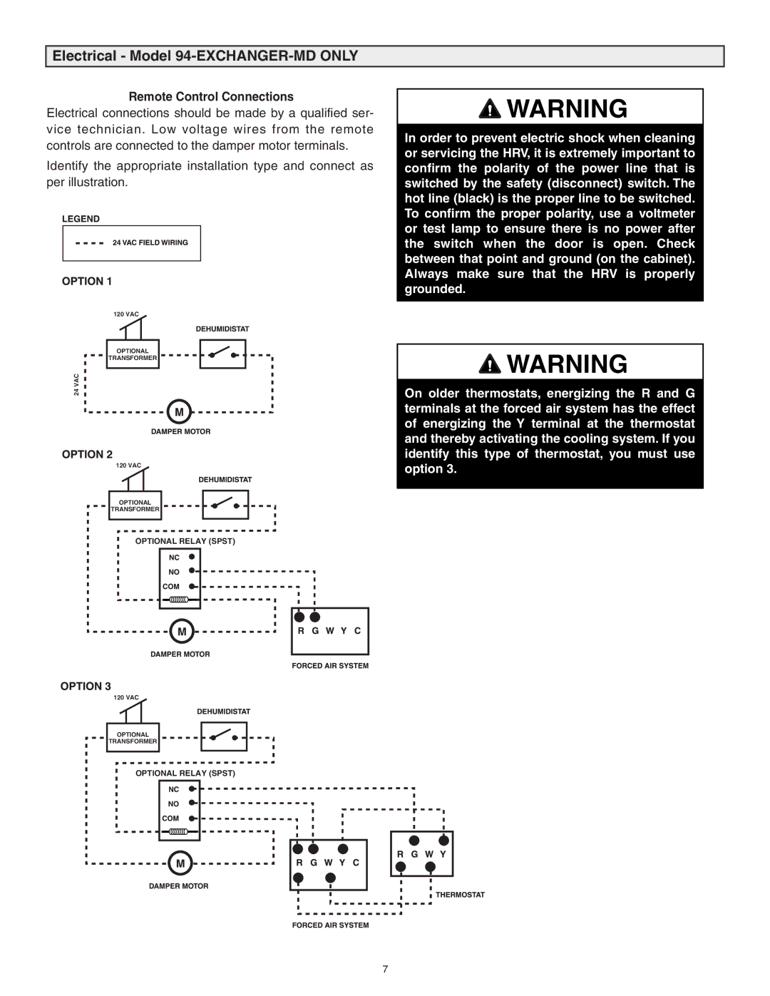 Lifebreath 99-MD-KIT specifications Electrical Model 94-EXCHANGER-MD only, Remote Control Connections 